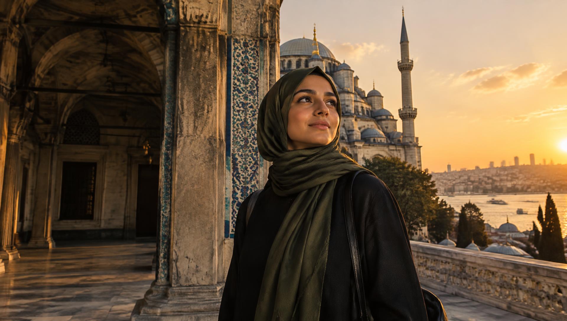 Woman in an olive hijab overlooking Istanbul at golden hour